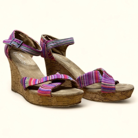 TOMS Colorful Siena Strap Sandals Wedge Cork Heels Size 8.5 Women’s Beachy Boho - Picture 1 of 9